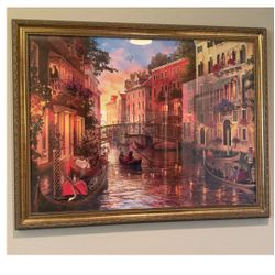 Sunset In Venice Wall Art with Ornate Gold Frame – Gondolas & Italian Cityscape