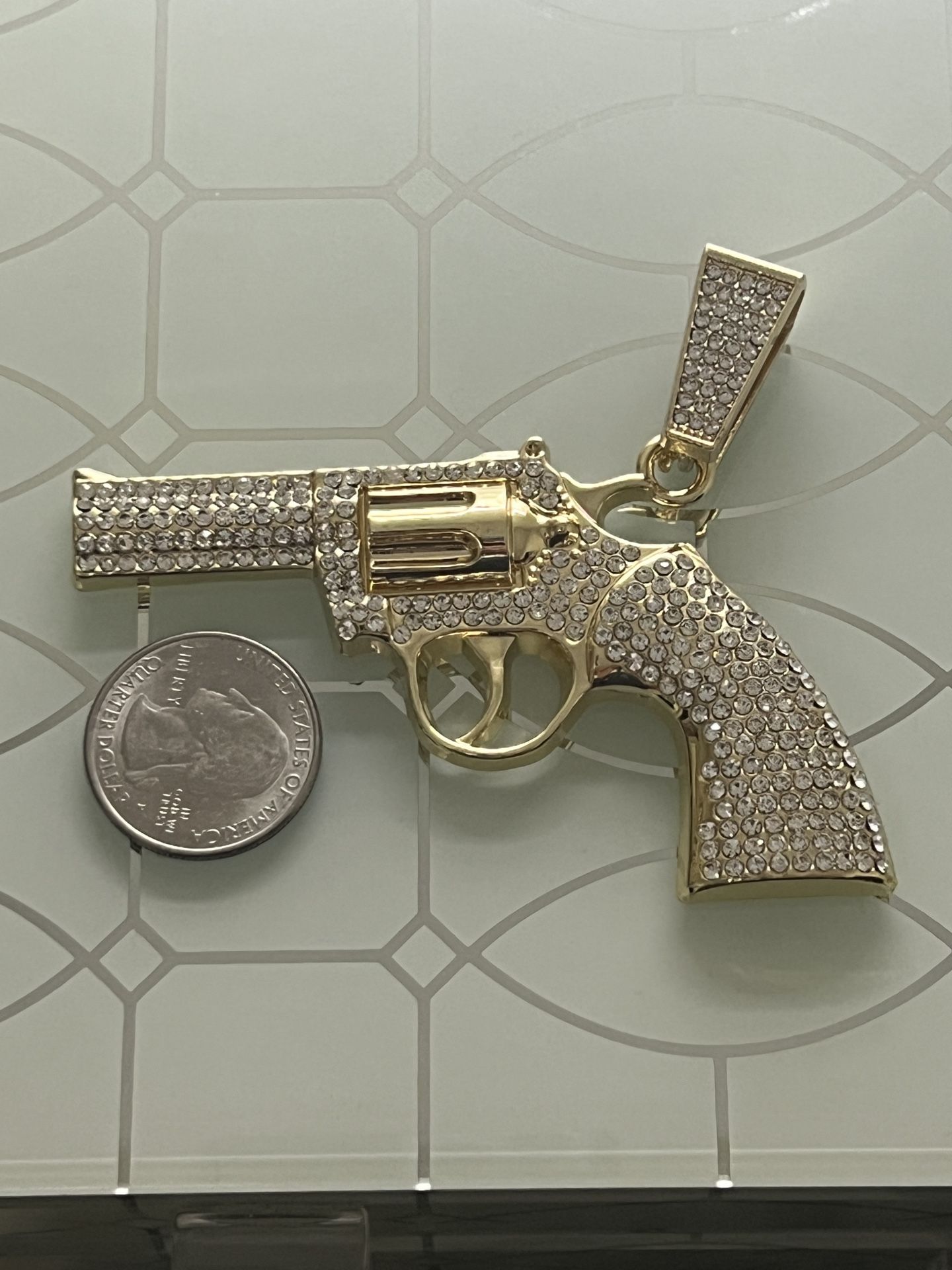 Pistol Gun Gold Plated Pendant With Clear Rhinestones 2.75