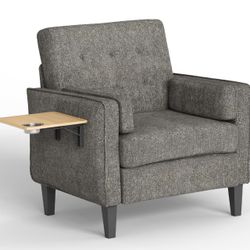 Brand New Mid-Century Accent Chair with Side Table & Cup Holder – Dark Grey
