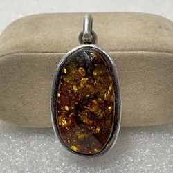 Vintage 925 Sterling Silver w/ Baltic Amber Statement Necklace Pendant ~ 11.8gr