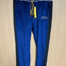 RHUDE Men’s Size L Velour Track Pants Navy With Black Side Stripe - Suede