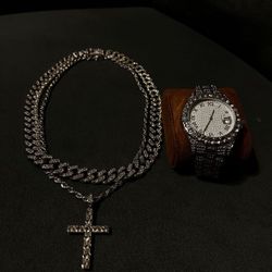 Iced Out Cross Pendant Rope Chain w Cuban Link Chain Bundle