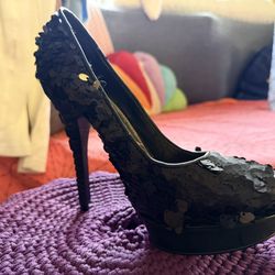 High Heeled Shoes Black Sequined Funky Heel Size 8.5