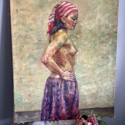 Stunning Vintage Original Painting On Canvas Unframed-Lady In Bandana