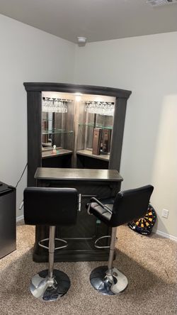 Large Home Bar Set with Mirrored Back Bar + 2 Stools