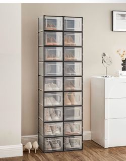 Shoe Boxes, Pack of 18 Shoe Storage Organizers, Stackable Clear Plastic Boxes for Closet, Sneakers, 13.7 x 9.9 x 7.4 Inches, Transparent and Black ULS