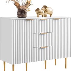 SICOTAS Buffet Sideboard Fluted Storage Cabinet with Doors and Shelves, White Fluted Buffet Sideboard with 3 Drawers, Accent Cabinet Coffee Bar Kitche