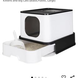 Enclosed Cat Litter Box with Lid, Large Foldable Litter Box with Litter Scoop, Top Entry Cat Toilet for Kittens and Big Cats (Black,Plastic, Large)