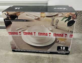 Yoshy Bone China White Embossed 18 Piece Dinnerware Set Bowls Plates - NEW $90 Price Is Firm