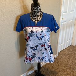 Scrub Top, Patriotic/4th Of July/Memorial Day, Butterflies, Size M, $5