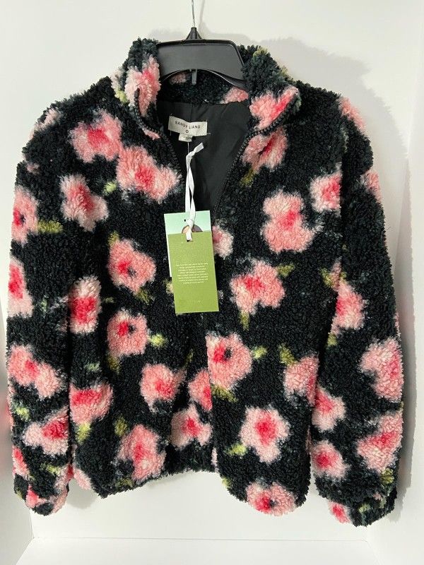 Sandy Liang Sherpa Womens Size XXS Black Floral Print High Neck Full Zip Jacket