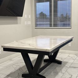 Real Marble Dining Table – Solid Stone Top, Black V-Base