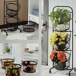Mesa 3-tier Wrought Iron Market Baskets Black Kitchen Storage Rack New