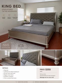King Size Silver Tufted Bed Frame – Elegant & Excellent Condition