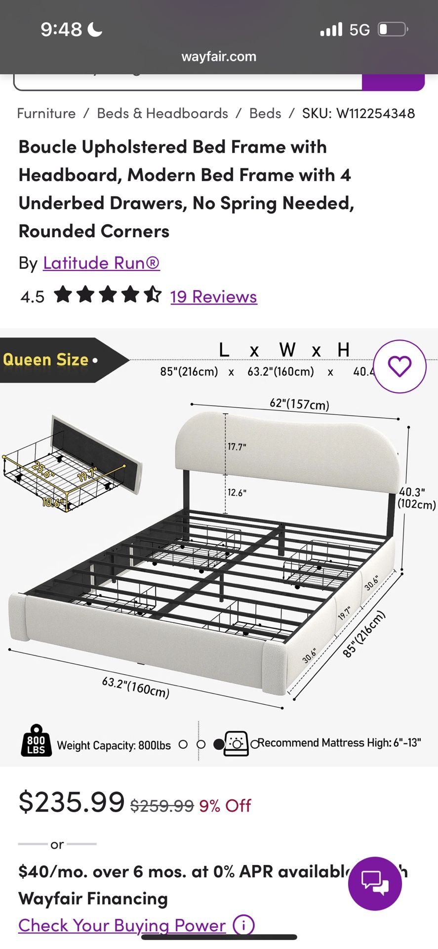Boucle Upholstered Bed Frame with Headboard,4 Underbed Drawers,All Products : American Fashion Style Bags On Sale