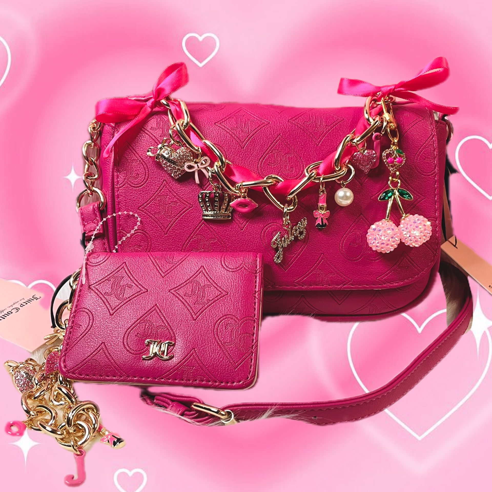 New Juicy Couture Top Notch Purse, Wallet and Cherry Charm Set