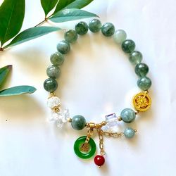 Vintage Gold-Thread Jade Bracelet — Featuring a "Good Fortune" Charm and Spinning "Luck-Turning" Beads