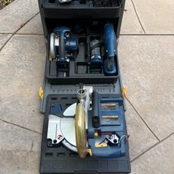 Rare Ryobi 18.0 V Cordless "Six Pack" SPC18 Portable Tool box with Power tools Tablesaw, Handsaw, Articulating, Flashlight