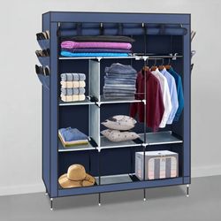 Portable Closet Storage Organizer Wardrobe Clothes Rack Shelves Navy Blue,