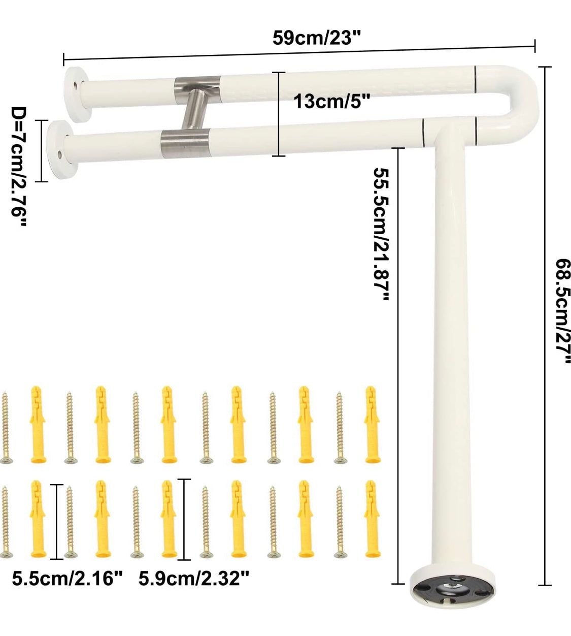 DasMarine 27" R Shape Frame Shower Rail,Toilet Grab Bar Bathroom Stainless Steel Coated w/White Nylon