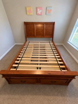 Wood Sleigh Queen Bed Frame with Storage Drawers