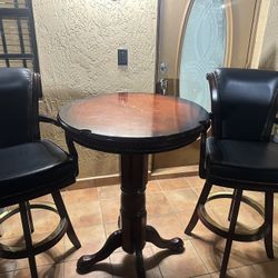 Hardwood Tall Table With 2 Leather And Wood Chairs 