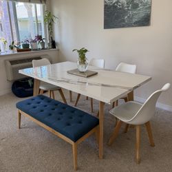 Dining Set – Custom Calacatta Table + Bench + 4 Chairs