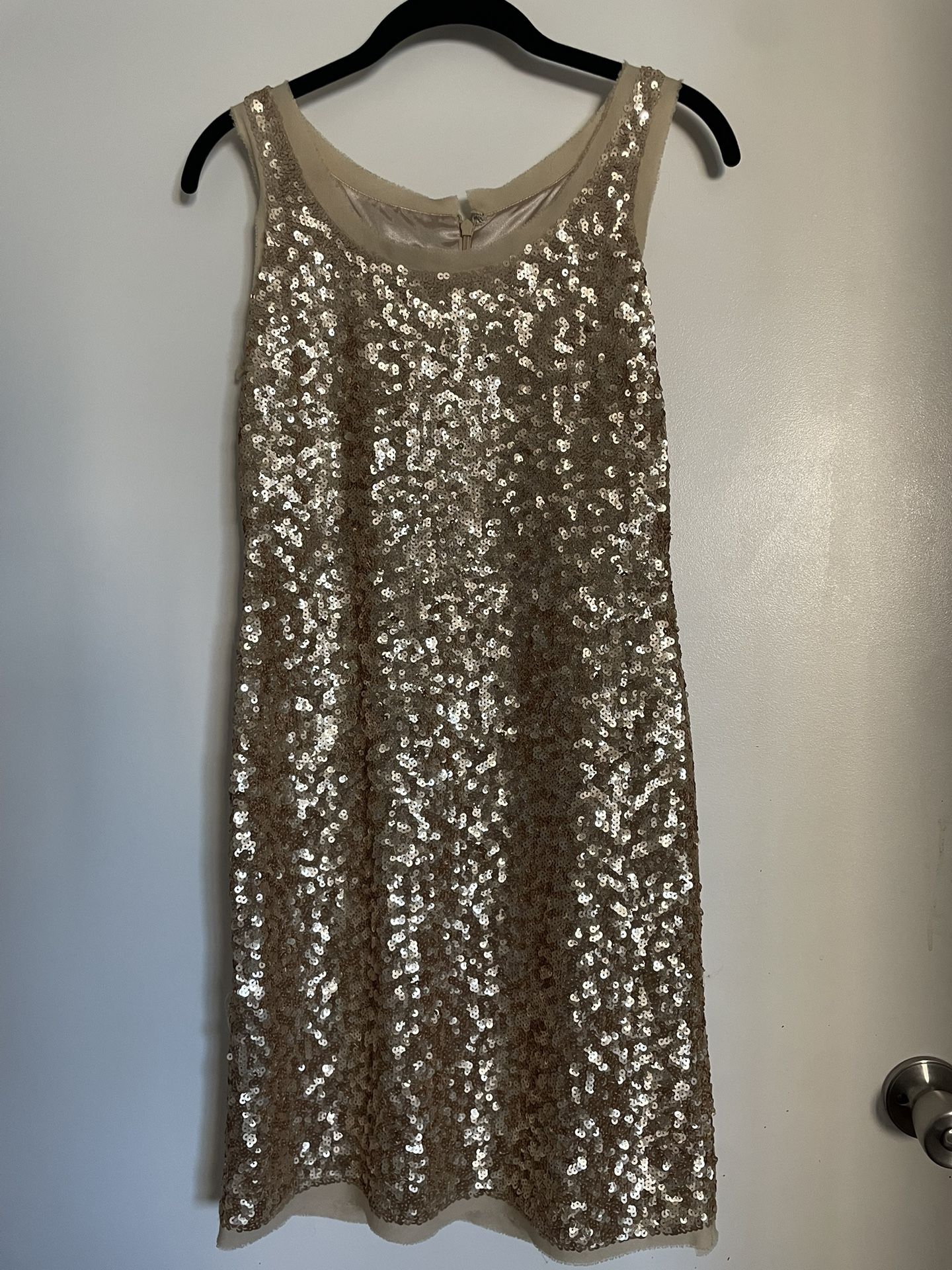 New TALBOTS champagne Silk Sequin Sleeveless Sheath Dress cocktail size 2P
