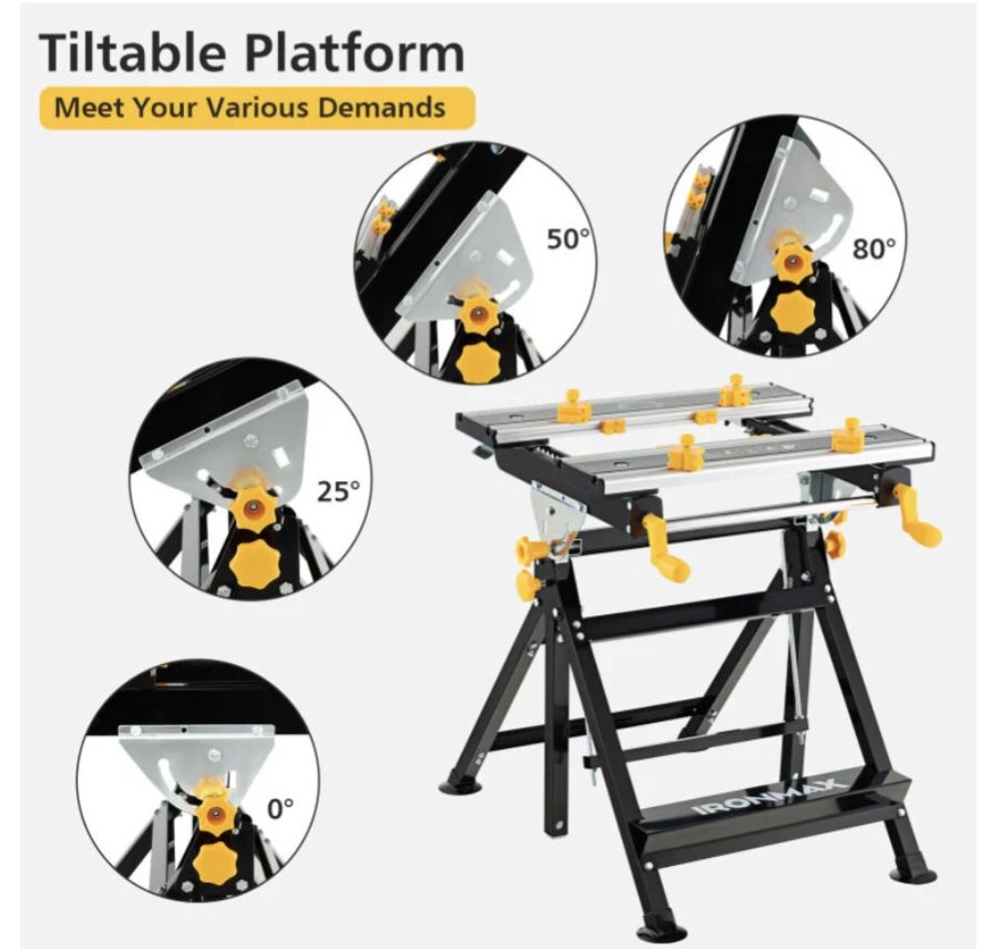 Portable Workbench 7-Level Adjustable Folding Work Table with Tiltable Platform and 8 Sliding Clamps for Garage Workshop
