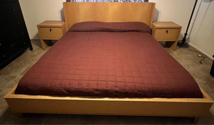 King Size MCM Bed Oak Style Low Profile Platform w/ Nightstands