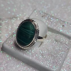 Malachite Ring Green Gemstone Oval Cabochon Size 10