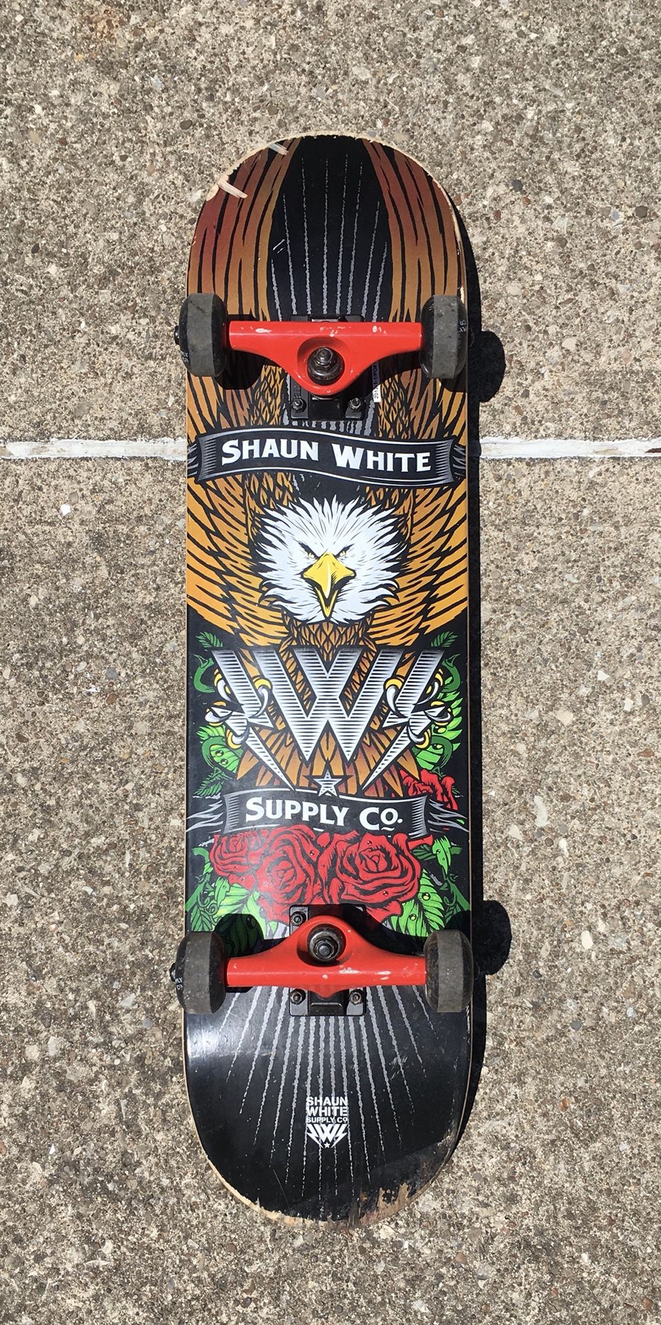 Shaun White vintage skateboard supply co. Metal trucks good shape skate board wheels