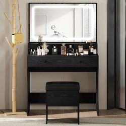 Vanity Makeup Table Desk Set with LED Light Mirror & Power Outlet, with 4 Drawers, Modern black