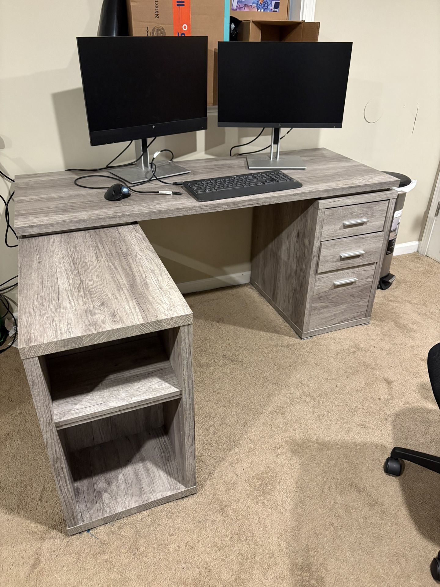 L Shape Desk With Adjustable Shelves And 3 Drawers