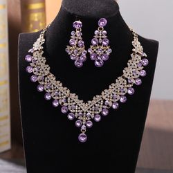 Luxury Purple Diamond Necklace Earrings Bridal Set