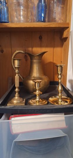3 Vintage Brass Candlesticks/large Pitcher