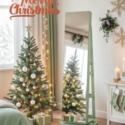 6 LEDs Lockable Mirror Jewelry Cabinet, 360° Swivel Jewelry Organizer Armoire Standing, Frameless Full-Length Mirror, 3 Storage Shelves, C