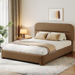 2620a $120 Queen Upholstered Bed Frame, Brown Cloud Boucle Bed with Headboard Soft Platform Bed, Adjustable Wide Headboard, Round Corner, Wooden Slats