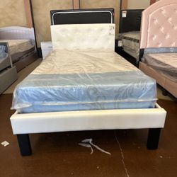 White Leather Twin Bed frame 