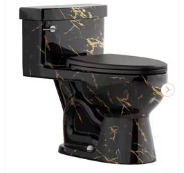 1-Piece Toilet, Chair Height Marbled Black Gold Elongated Toilet, 1.28 GPF Single Flush, Seat Included, 12 in. Rough In