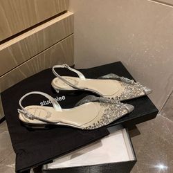 Fairy Rhinestone Transparent Sandals for Summer, High-End Niche Closed-Toe Low-Heel Flat Pointed-Toe Women's Shoes, Women Shoes