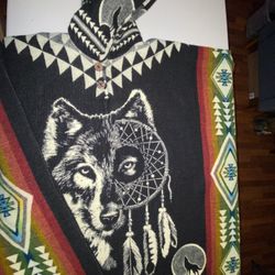 WOLF Handwoven Ecuadorian Alpaca Wool Ponchos Native Tejidos Caymi hooded New