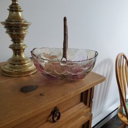 IRIDESCENT FRUIT GLASS BOWL WITH WICKER HANDLE