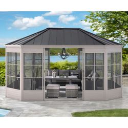 Sunjoy 12' x 16' Cape Blue Hardtop Screenhouse, Tan