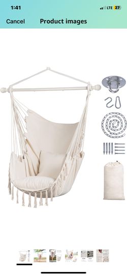 SUNCREAT Hammock Chair Hanging Rope Swing Seat-Max 450lbs Capacity, Extra Large Macrame Hanging Swing with Side Pocket, Two Seat Cushion, Beige