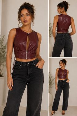 SHEIN Burgundy Faux Leather Cropped Vest – Size M