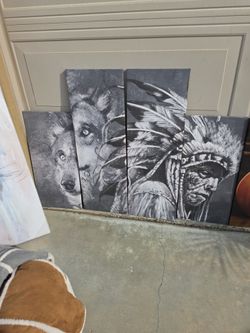 Wolf and Native American Chief Canvas Wall Art Set