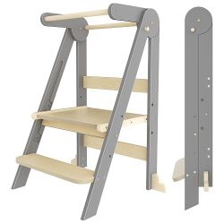 Toddler Learning Tower, Foldable Kitchen Step Stool Helperfor For Kitchen & Bathroom, Wooden Montessori Standing Tower | With 3 Adjustable Heights For
