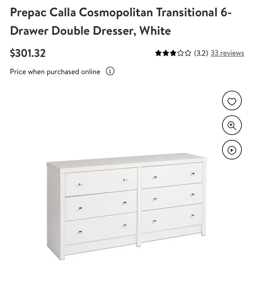 Prepac Calla Cosmopolitan Transitional 6-Drawer Double Dresser, White