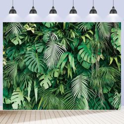 Jungle Safari Party Backdrop 10x8ft Tropical Leaf Green Palm Leaves Plant Photo Background Decorations Summer Hawaiian Luau Aloha Banner For Birthday 